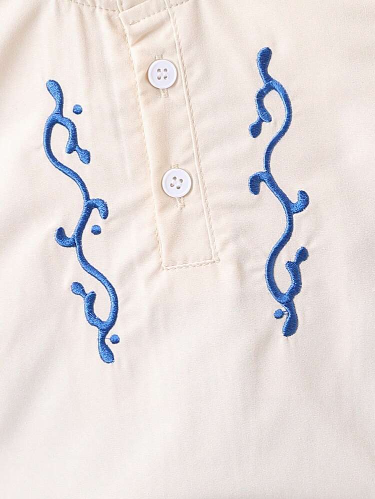 2pcs/Set Spring Summer Baby Boy Fashionable Letter Embroidery Short Sleeve Top & Denim Shorts Set