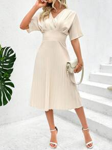 Breezaya Solid Color V-Neck Pleated Waist Dress - Apricot - View 3