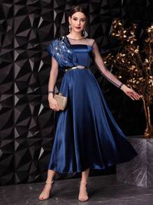 Modelyn Women's Shiny Rhinestone Mesh Splicing Satin Dress,Elegant Evening Party Dress Long Evening Dresses - Navy Blue - View 3