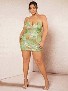 SHEIN BAE Plus Size Women's Floral Print Strappy Back Glitter Detail Cami Dress - Multicolor - View 4