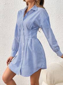 SHEIN Frenchy Women's Striped Long-Sleeved Shirt Waist A-Hem Dress Summer Dress,Pastel Dresses For Women,Business Casual Woman Winter Spring - Blue and White - View 1