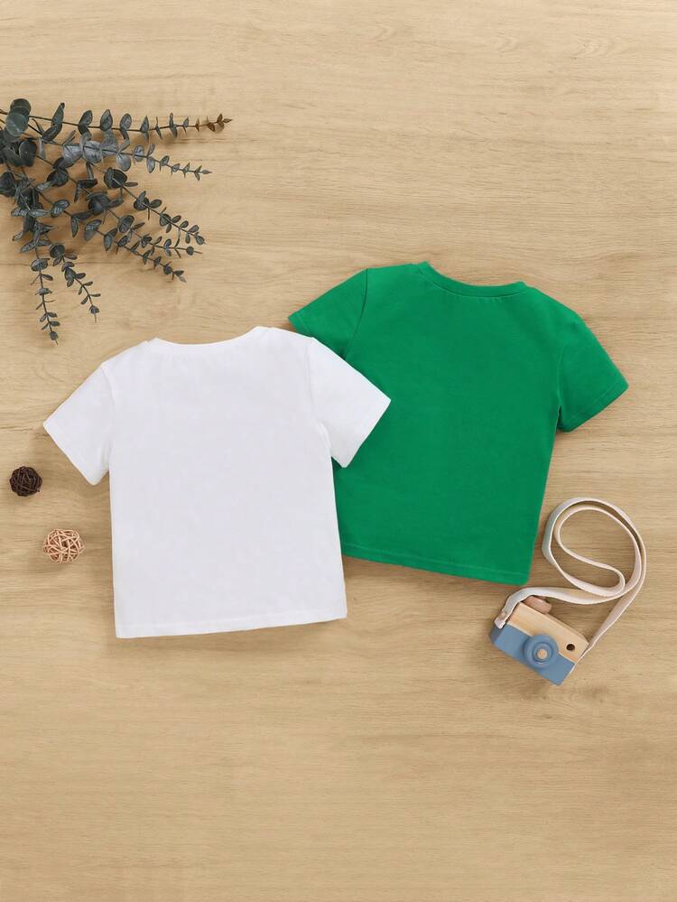 2pcs Baby Boy's Lucky Clover & Letter Pattern Short Sleeve Top Set