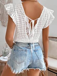 Breezaya 女式純色花邊低領拼接上衣,後綁帶設計 - 白色 - 查看 1