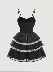 SHEIN MOD White Lace Hem Black Cami A-Line Dress