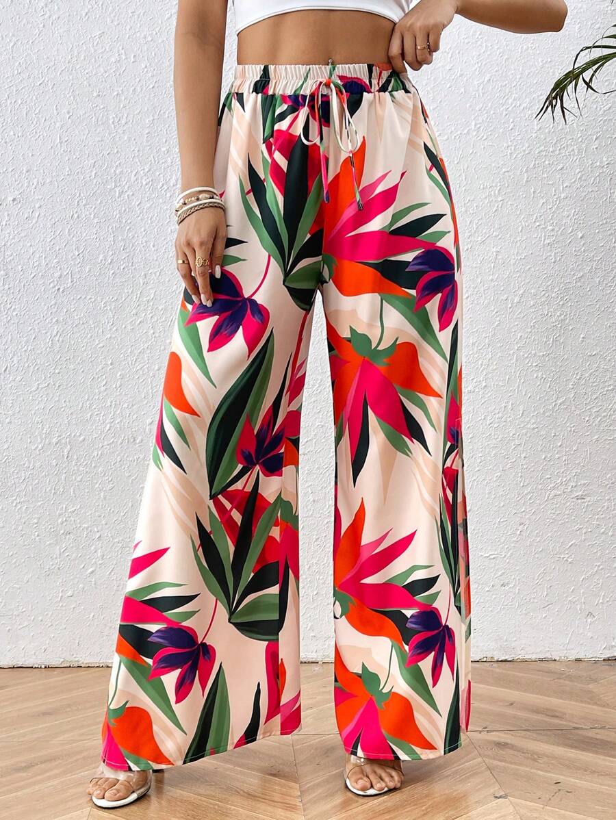 Breezaya Pantalon Large À Imprimé De Plantes À Taille Élastique Avec Fente Latérale - Vert - Voir 1