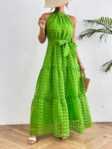Breezaya Vestido Largo Sin Mangas De Un Solo Color Con Cuello Alto - Verde - Ver 4