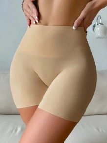 女士纯色高腰休闲修身短裤 - 卡其色 - 查看 3