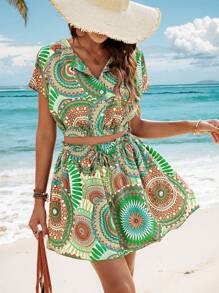 Breezaya Random Printed Cropped Shirt And Skirt Set - Green - View 4