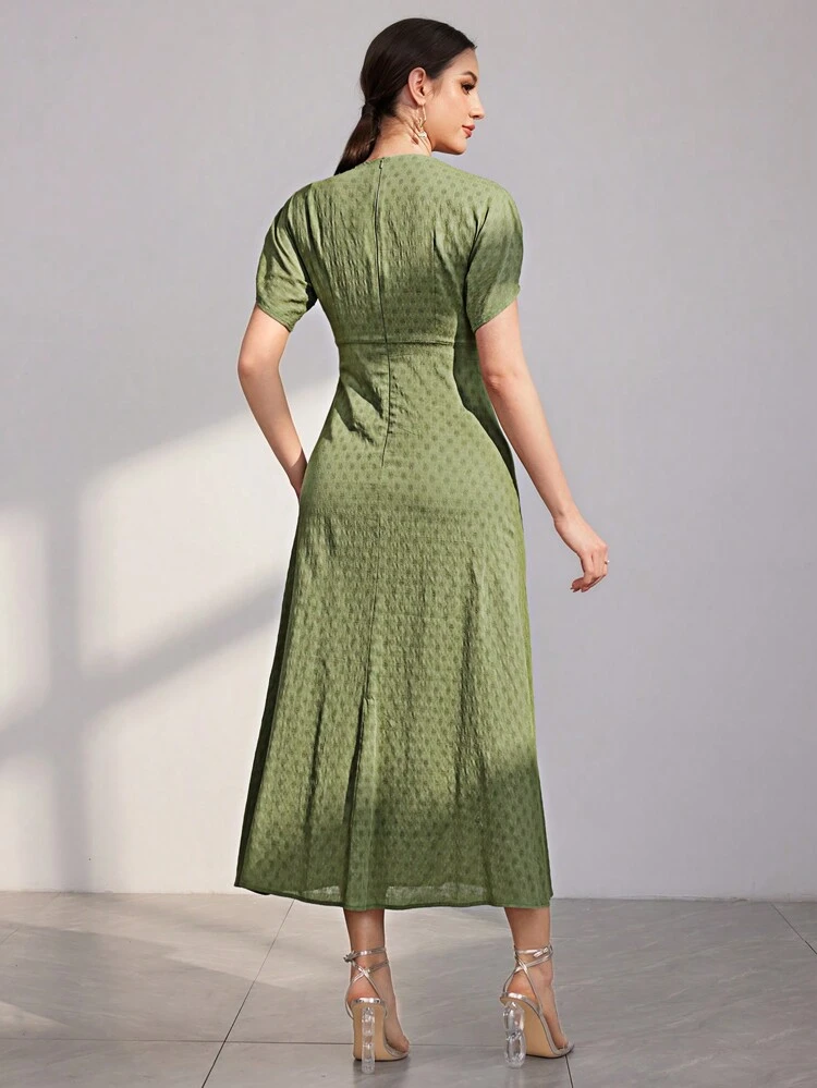 Ladies' Solid Color Texture Pleated Waist Dress