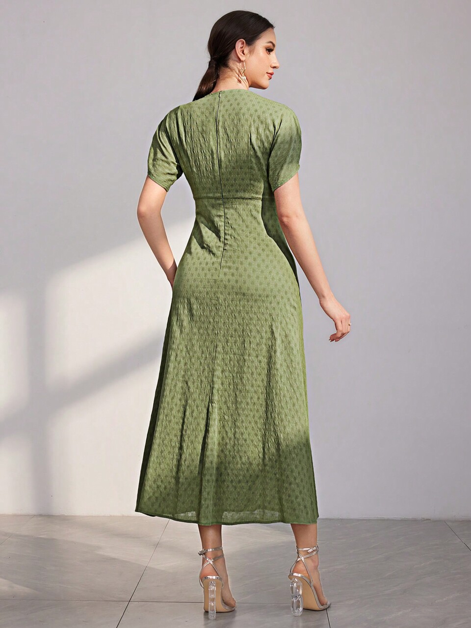 Ladies' Solid Color Texture Pleated Waist Dress