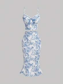 SHEIN MOD Women's Floral Printed Spaghetti Strap Top And Skirt Set - Blue and White - View 1