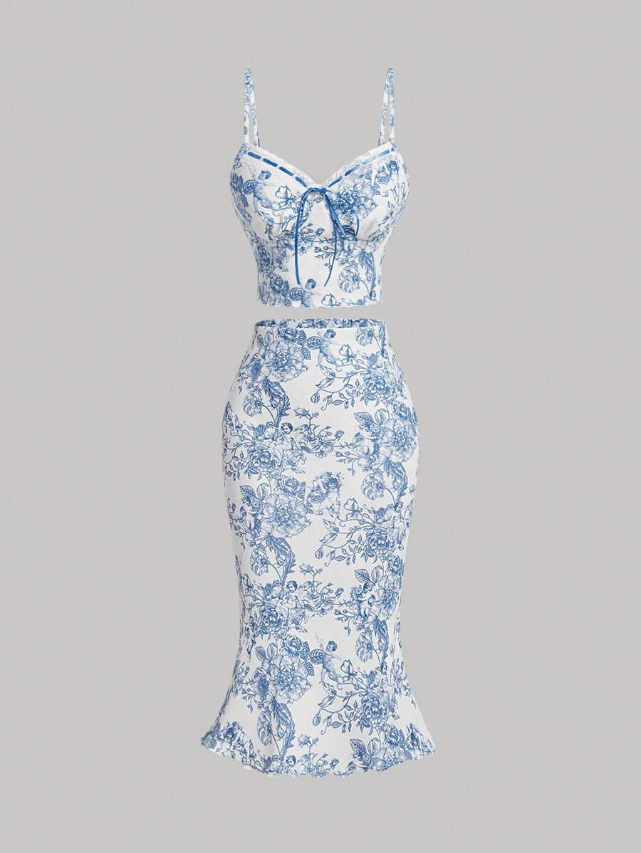 SHEIN MOD Women's Floral Printed Spaghetti Strap Top And Skirt Set - Blue and White - View 1