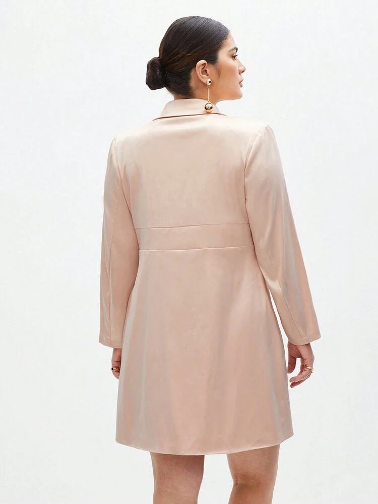Plus Size Women's Solid Color Patchwork Lapel Collar Long Sleeve Dress