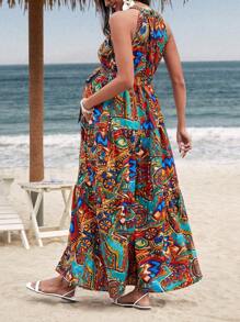 SHEIN 孕妇无袖印花束腰连衣裙 - 彩色 - 查看 2