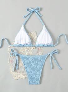 SHEIN Swim 女士花紋紋路荷葉領比基尼套裝 - 藍色 - 查看 2