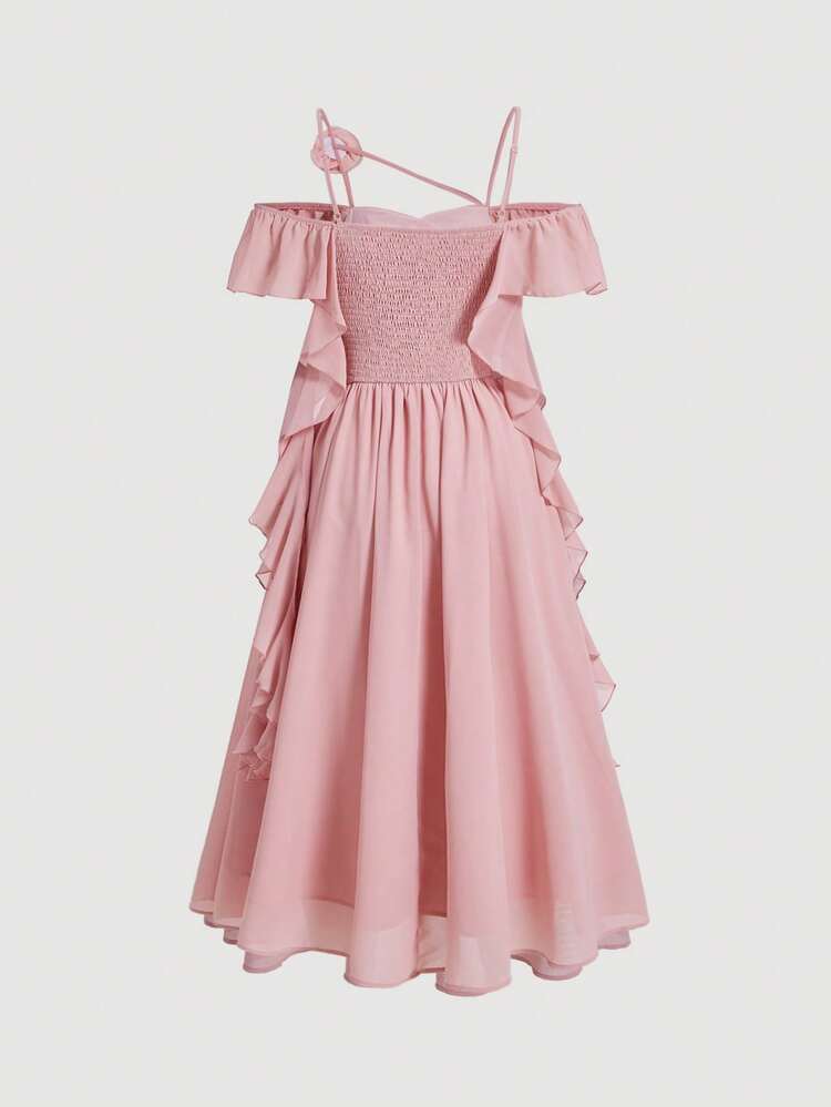 Flutter Sleeve 3d Flower Coral Pink Women's Dress