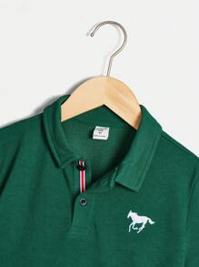 SHEIN 適合青少年男孩夏季休閒風格的馬紋短袖Polo衫 - 墨綠色 - 查看 6