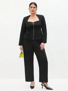 BizChic Conjunto De Top De Manga Larga Con Cremallera Frontal Y Pantalones De Talla Grande - Negro - Ver 9