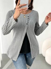 Flirla 加大尺碼黑灰拼接長袖t恤,帶有肋邊綴邊 - 彩色 - 查看 3