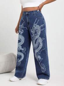 SHEIN EZwear Plus Size Men's Dragon Printed Straight Leg Jeans - Medium Wash - View 3