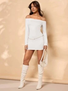 SHEIN BAE 音乐节夏季连衣裙 春季服装 白色女装 乡村音乐节服装 海滩女装 西部服装 海滩女装 波西米亚风露肩连衣裙