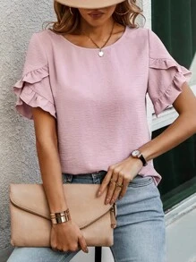 EMERY ROSE 素色荷葉邊花瓣袖襯衫 - 藕粉色 - 查看 5