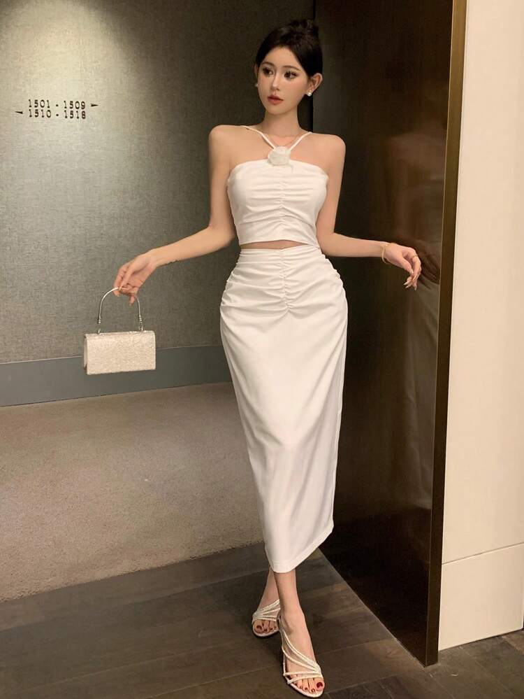 Women's 2pcs Set Including Halter Neck Cami Top And Pleated Skirt Prom