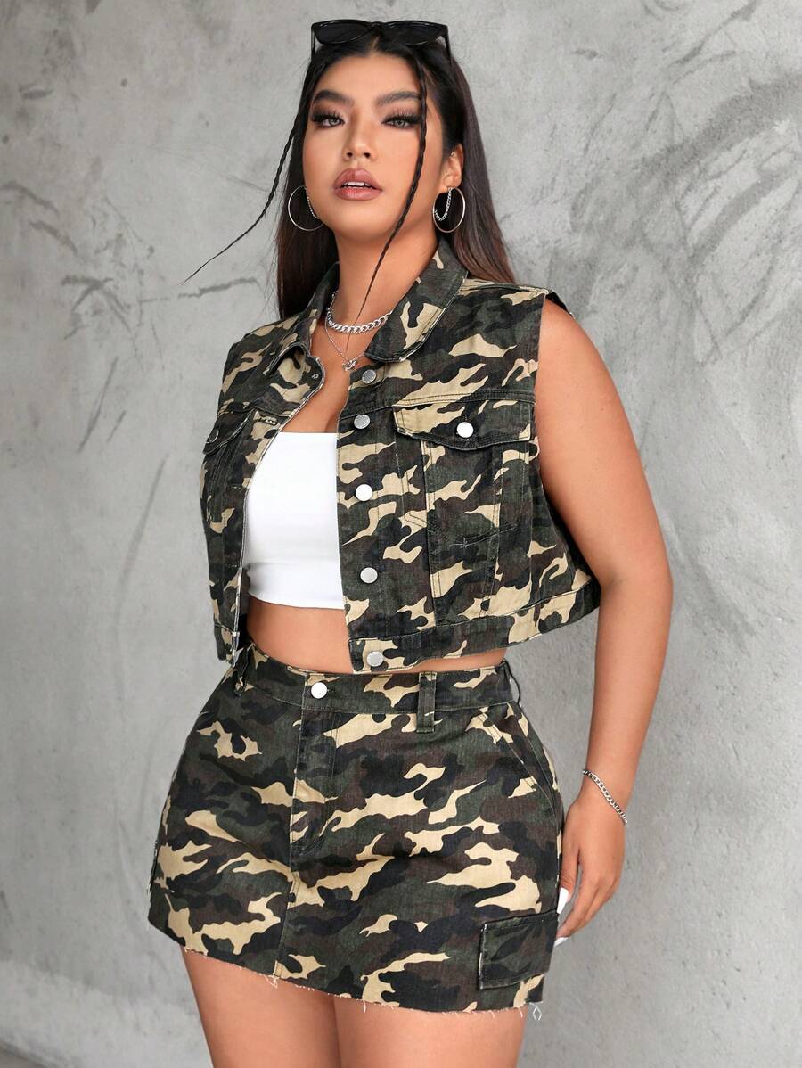 SHEIN EZwear 大尺碼高腰迷彩性感迷你牛仔裙 - 彩色 - 查看 1