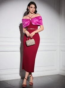 Modelyn Burgundy Red Women's Color Contrast Off-Shoulder Split Hem Halterneck Dress Long Evening Dresses - Burgundy - View 6