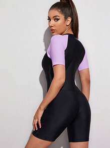 Swim SPRTY Summer Beach Color Block Zip-Up One Piece Swimsuit