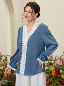 Mulvari Solid Color Lace Splicing Lantern Sleeve Shirt