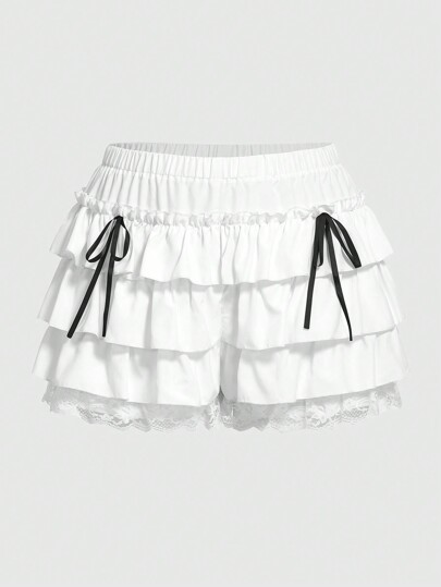 Kawaii Plus Size Summer Sweet Multilayer Ruffled Contrast Lace Shorts, School