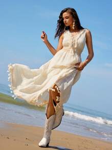 Anewsta 流蘇搭邊貝殼吊墜分層無袖夏日假期連身裙 - 杏色 - 查看 6