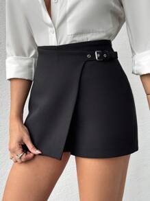 EURMUSE Chân váy ngắn màu đen thanh lịch cạp trung dành cho nữ cỡ lớn, có chi tiết thắt lưng. - màu đen - Xem 5