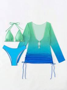 SHEIN Swim Ladies' Blue-Green Ombre Bikini Set Summer Beach - Multicolor - View 4