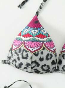 SHEIN Swim Women's Leopard Print Halter Neck Tie Bikini Set Summer Beach - Multicolor - View 5