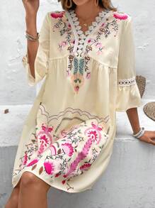 SHEIN VCAY 定位印花蕾絲邊裙 - 杏色 - 查看 5