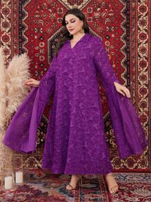 Al Najma Plus-Size V-Neck Floral Jacquard Dress With Long Slit Sleeves Kaftan Jalabiya Dress - Purple - View 3