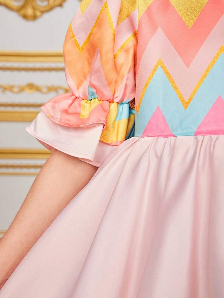 Tween Girls' Casual Wave Striped Pattern & Puff Sleeve Asymmetrical Hem Dress With Floral Patchwork