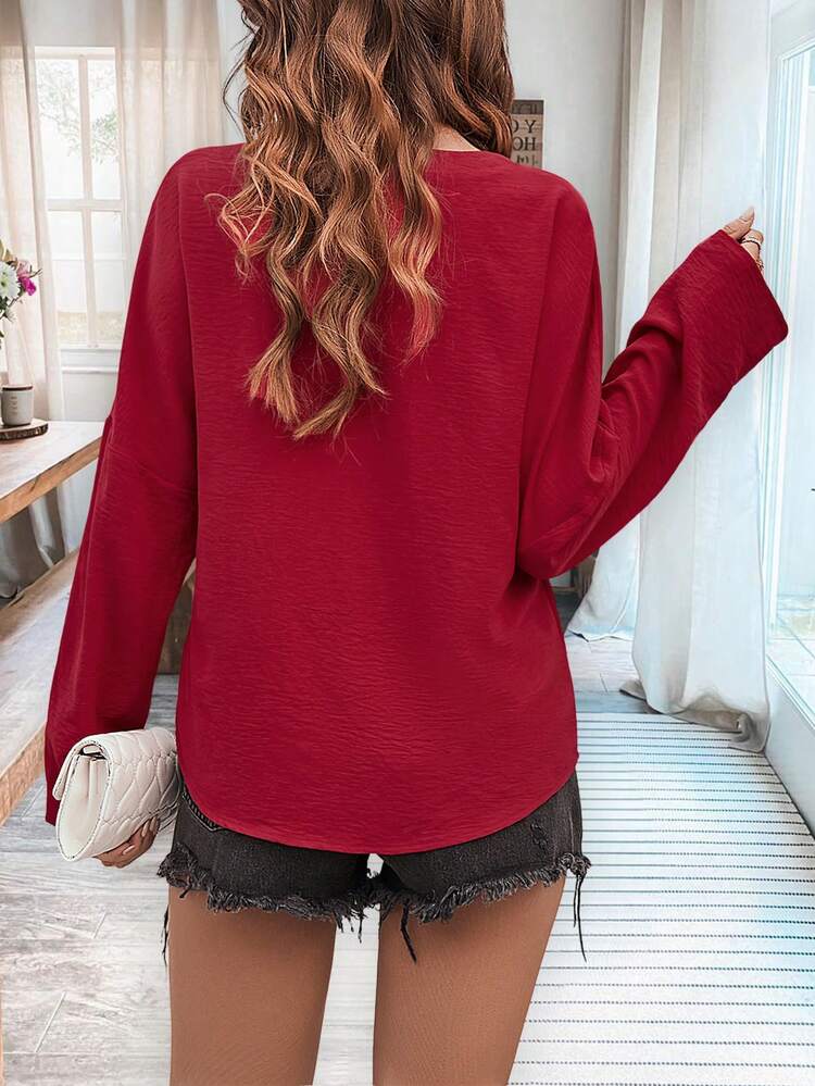 Ladies Solid Color Notched Neckline Shirt