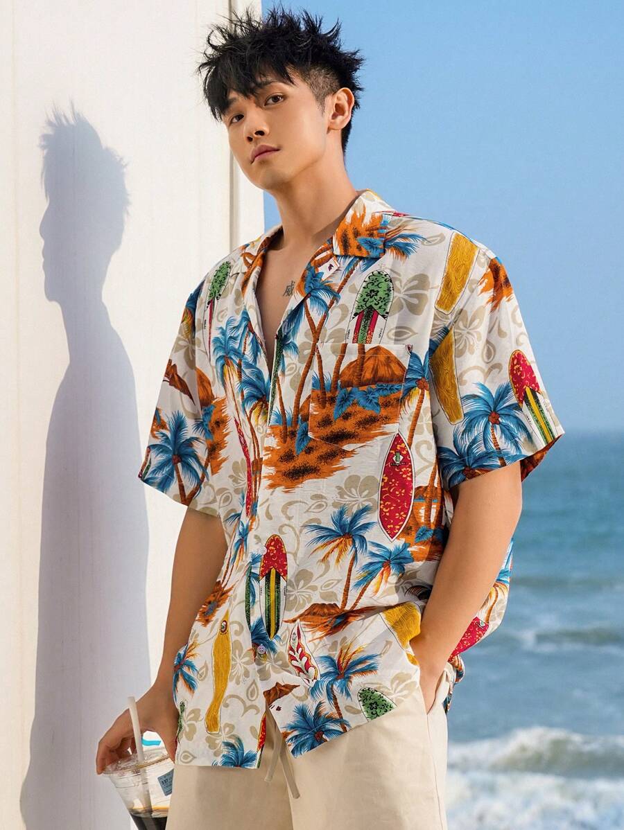 DAZY Men's Palm Tree Print Summer Beach Hawaiian Shirt SHEIN USA