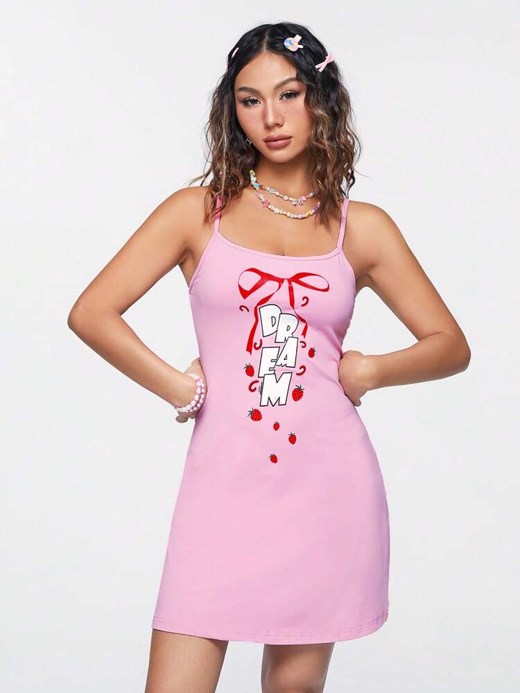 Women's Letter & Strawberry Printed Spaghetti Strap Dress