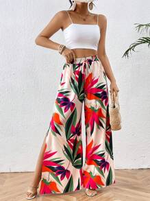 Breezaya Pantalon Large À Imprimé De Plantes À Taille Élastique Avec Fente Latérale - Vert - Voir 4
