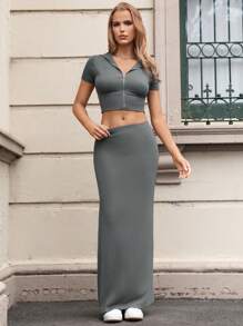 SHEIN EZwear Women's Grey Knitted Zip Front Short Sleeve Hoodie And Bodycon Skirt Set - Grey - View 4