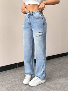 EMERY ROSE Vaqueros De Pierna Recta Rasgados Y Ajustados Para Mujer - Lavado ligero - Ver 4