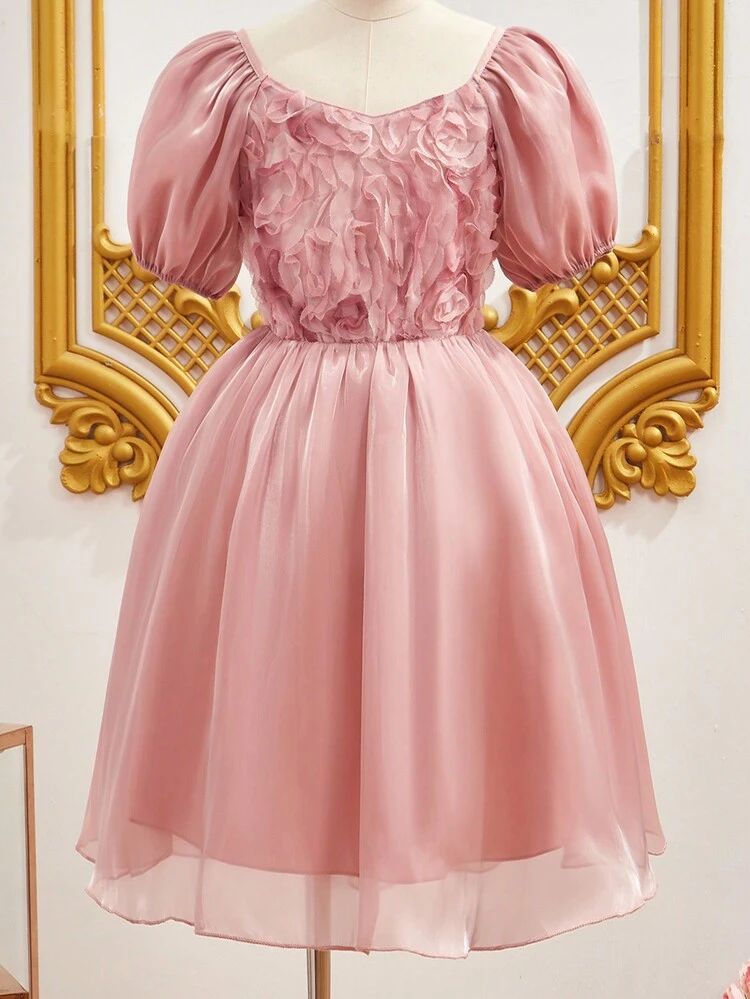 Tween Girls' Elegant & Cute 3d Rose Flower Puff Sleeve Dress (Size: L)