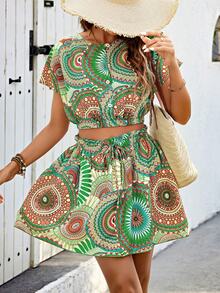 Breezaya Random Printed Cropped Shirt And Skirt Set - Green - View 3