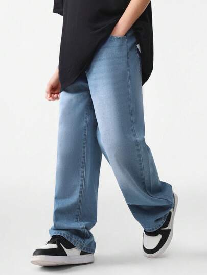 SHEIN Tween Boy Vintage Basic Casual Loose Straight Leg Jeans In College Style Chic Autumn/Winter