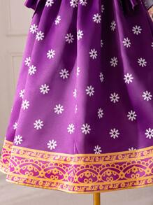 SHEIN Cô gái Tween Dệt In hoa Viền Ruffle Sự phối hợp Đầm giản dị - Màu tím - Xem 5