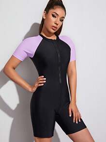 Swim SPRTY Summer Beach Color Block Zip-Up One Piece Swimsuit